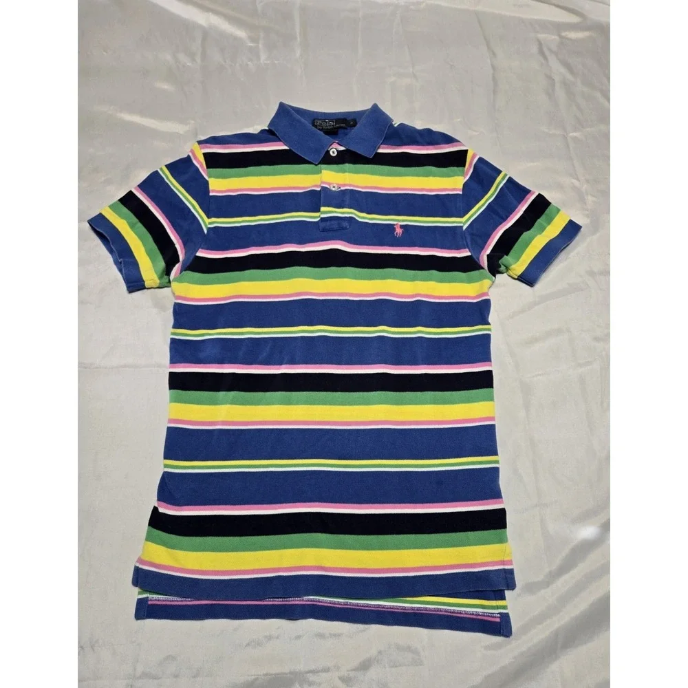 Polo Ralph Lauren Mens Small Striped Colorful Cotton Shirt Short Sleeve Vtg